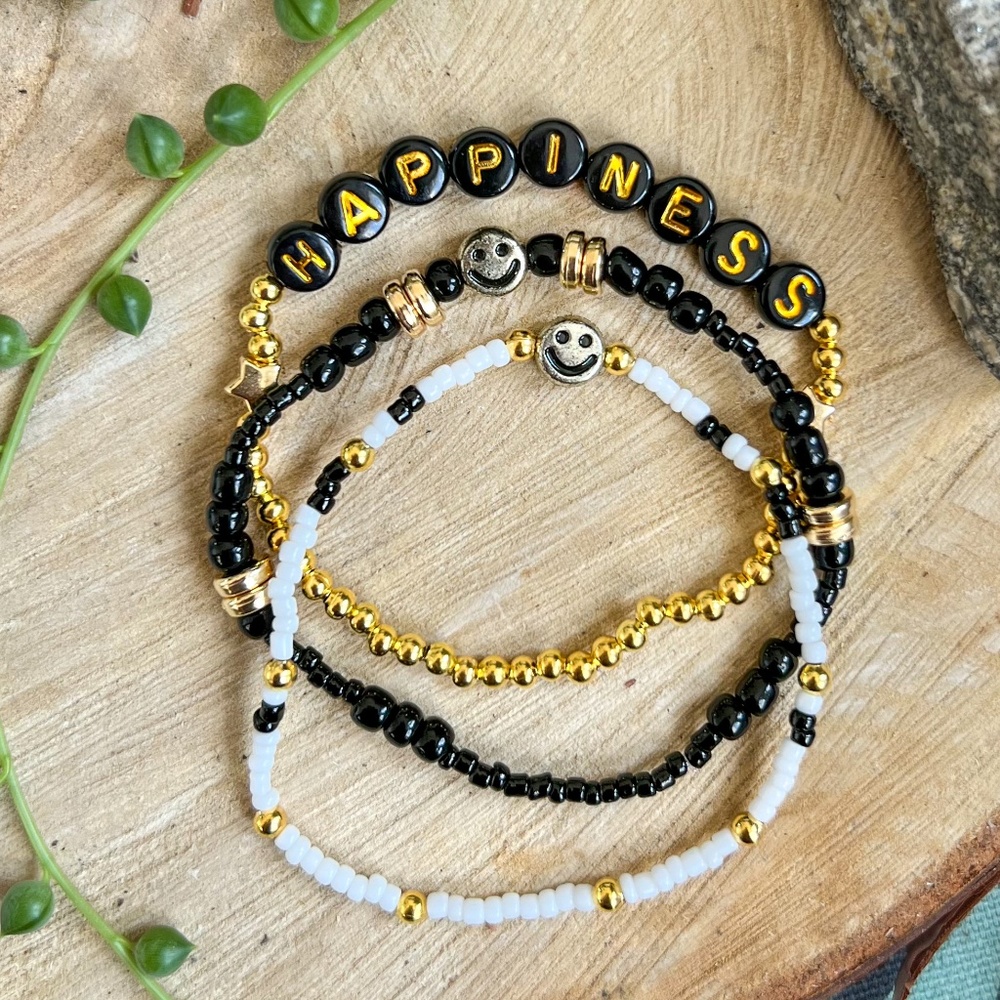 Handmade Seed Bead Beaded Bracelets, Happiness, Smiley Face, Group Of Three